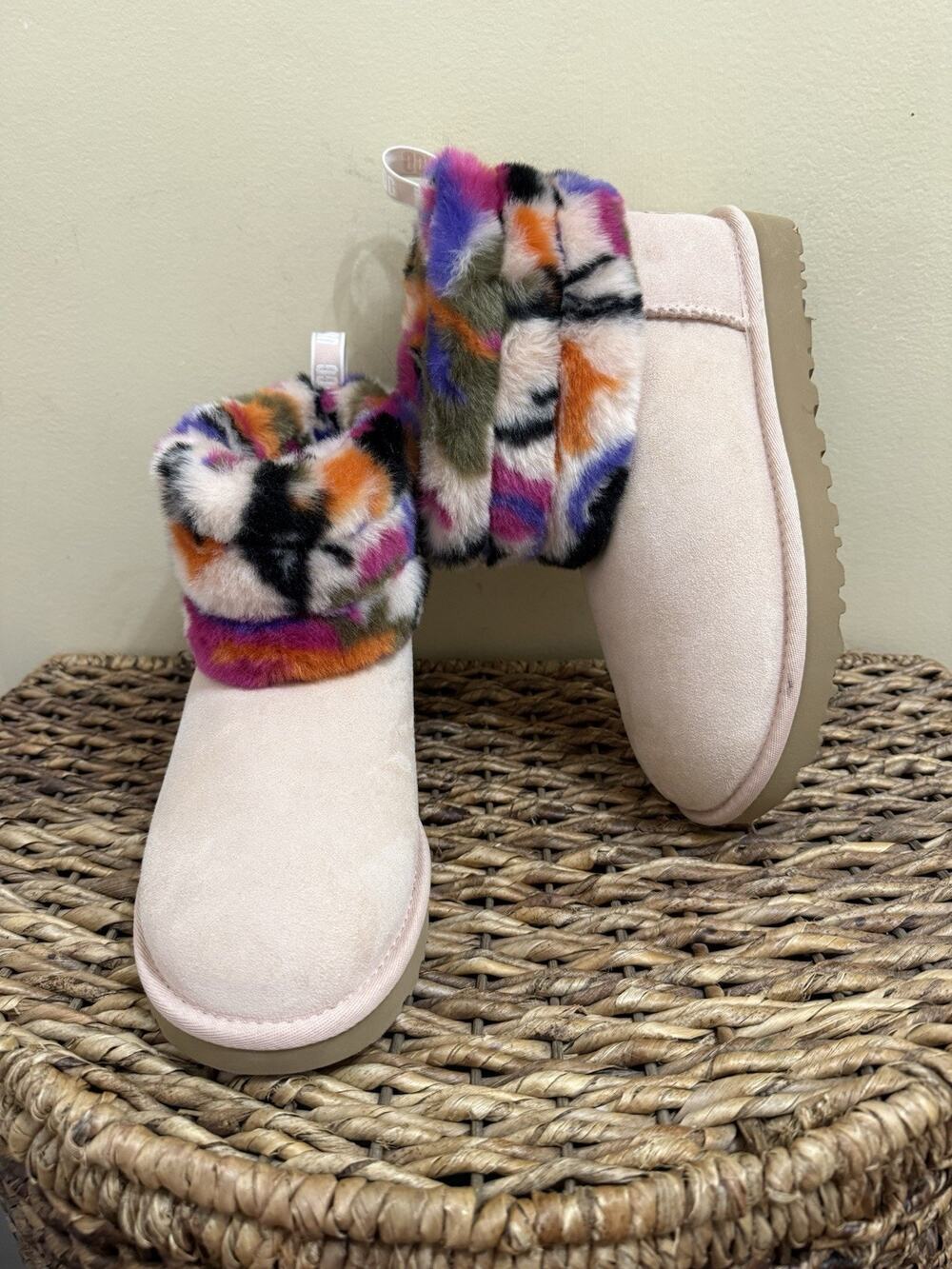 UGG FLUFF MINI QUILTED MOTLEE SUEDE/ SHEEPSKIN BOOTS WOMEN US SZ 7